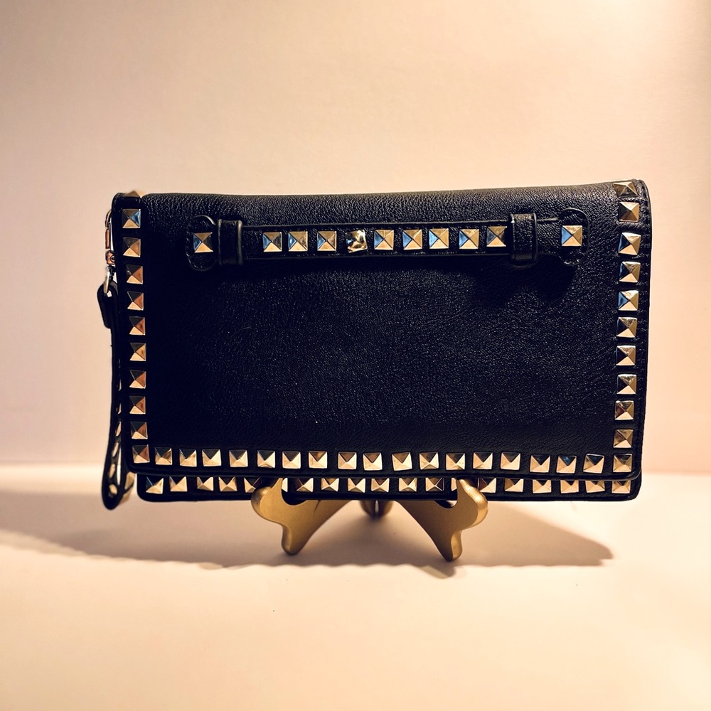 Rockstud Flap Foldover Clutch w Wristlet in Black